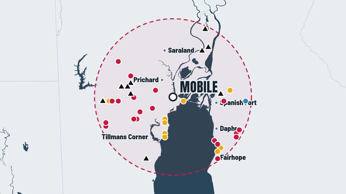 Map of severe weather reports around Mobile, Alabama